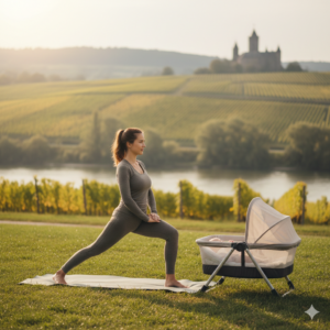 Eine junge Mutter macht sanfte Ausfallschritte (Yoga-Lunge) auf einer Matte im Freien neben ihrem Baby im Kinderwagen zur Rückbildung nach der Schwangerschaft.